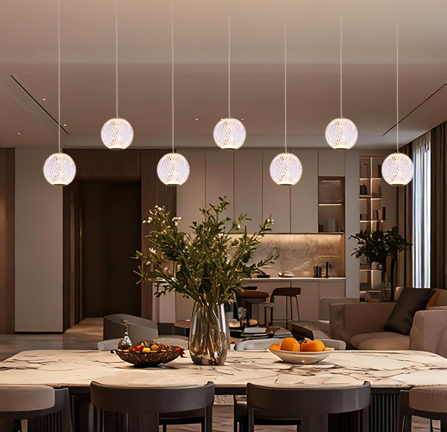 An acrylic diamond-shape pendant lighting hang above the table at home