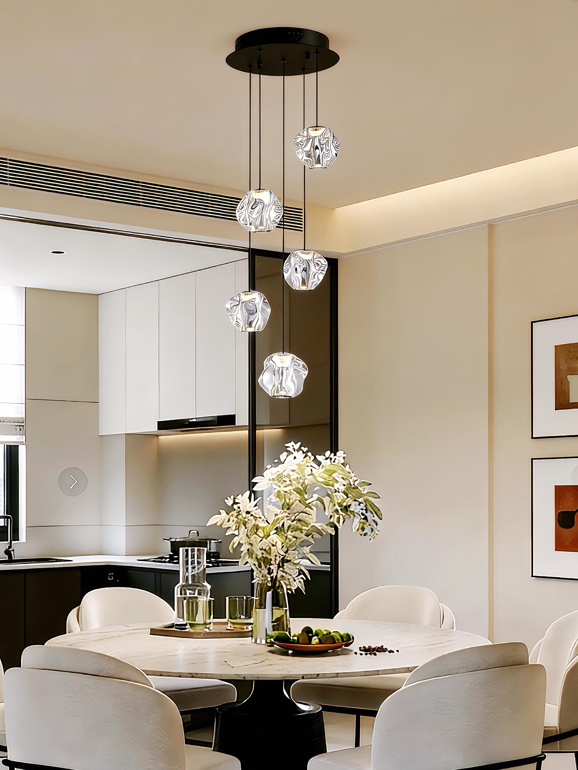 Cobblestone Acrylic 5-Light Round Pendant installed above a marble dining table