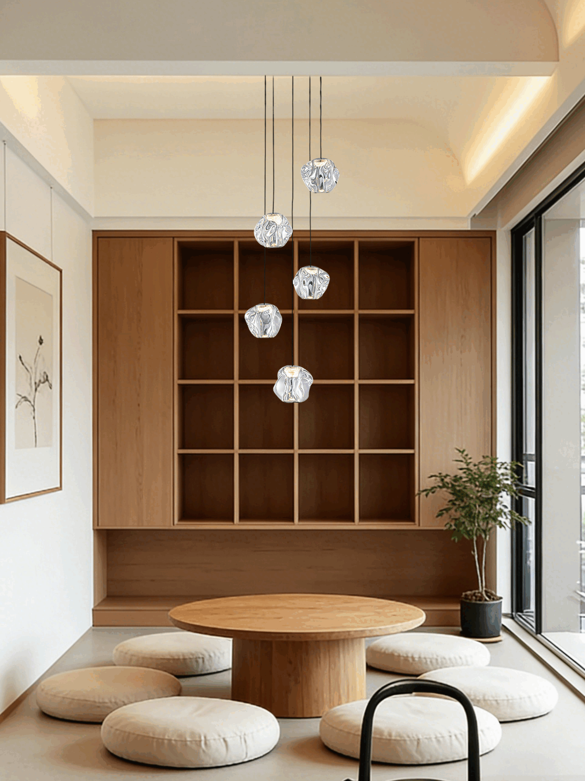 Cobblestone Acrylic 5-Light Round Pendant installed above a living room corner