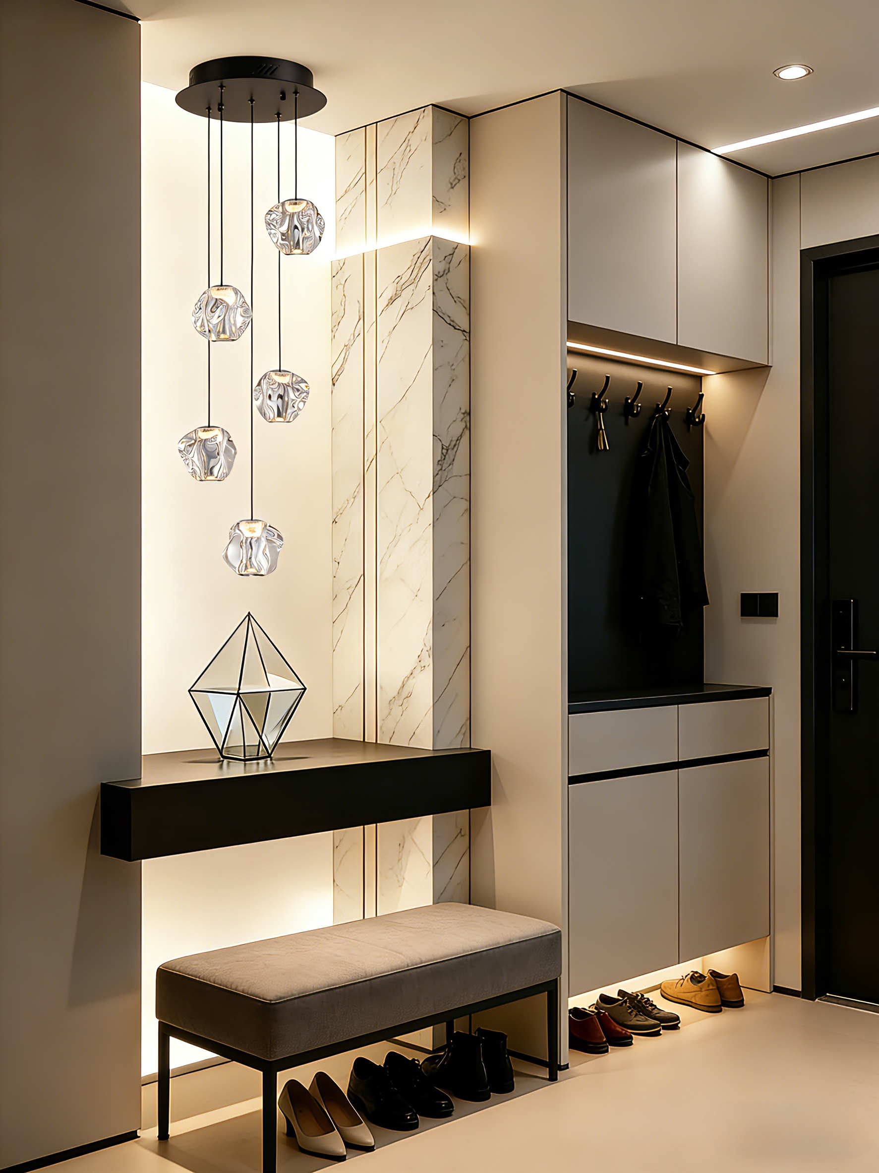 Cobblestone Acrylic 5-Light Round Pendant installed above a entryway