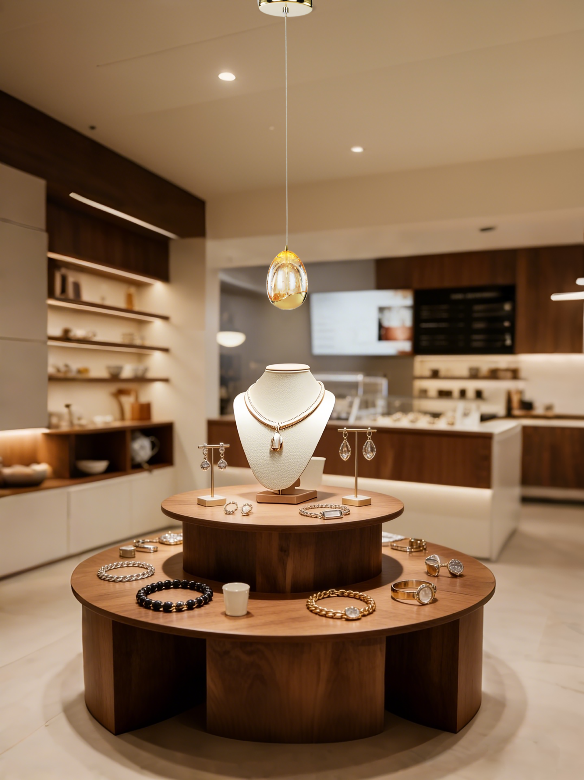 Kinglong Lighting Golden Egg bubble glass pendant light used in a boutique lounge space, highlighting jewelry displays with soft decorative lighting