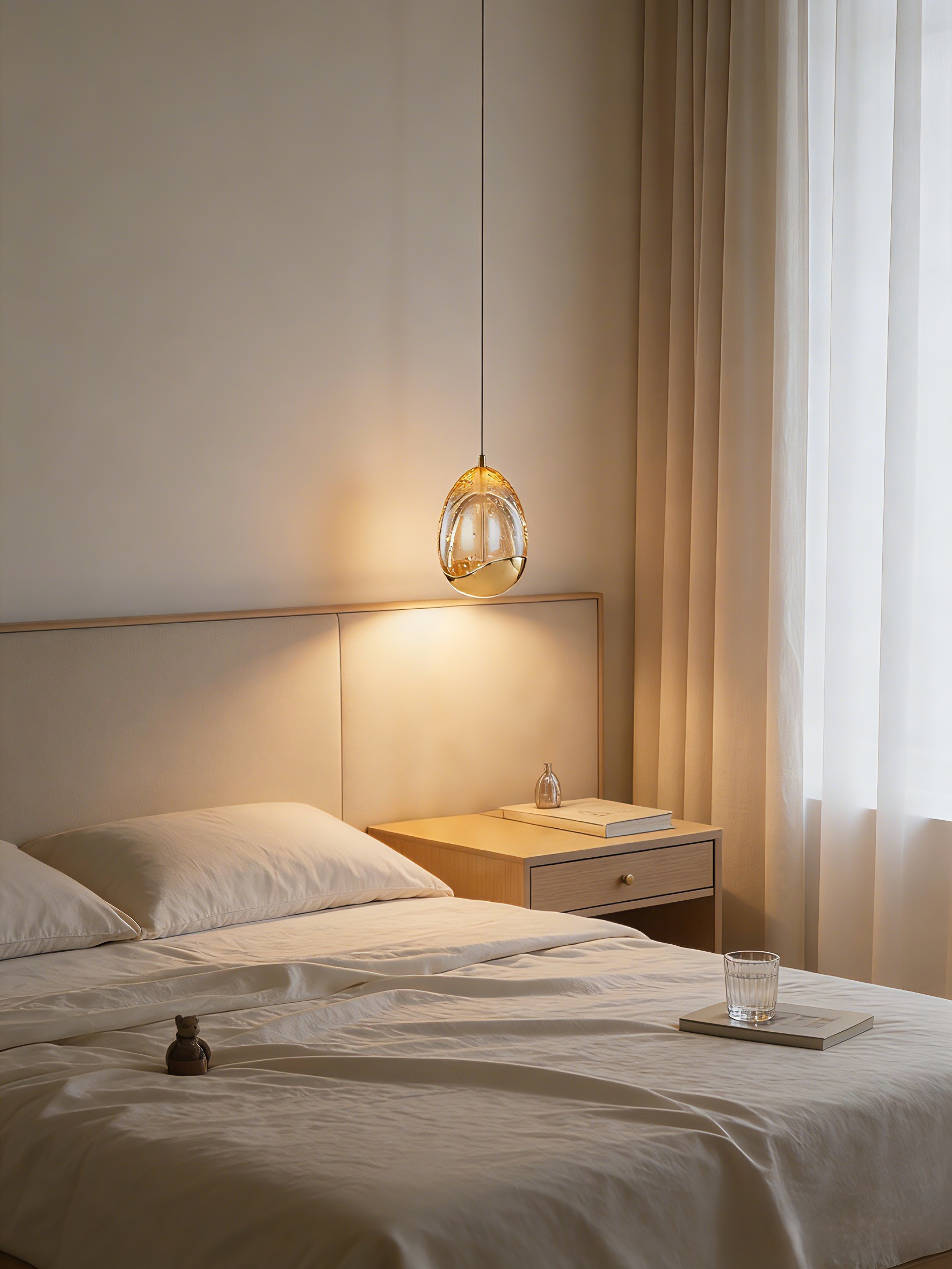 Kinglong Lighting Golden Egg bubble glass bedside pendant light installed above a bed, providing warm ambient lighting for a modern bedroom interior