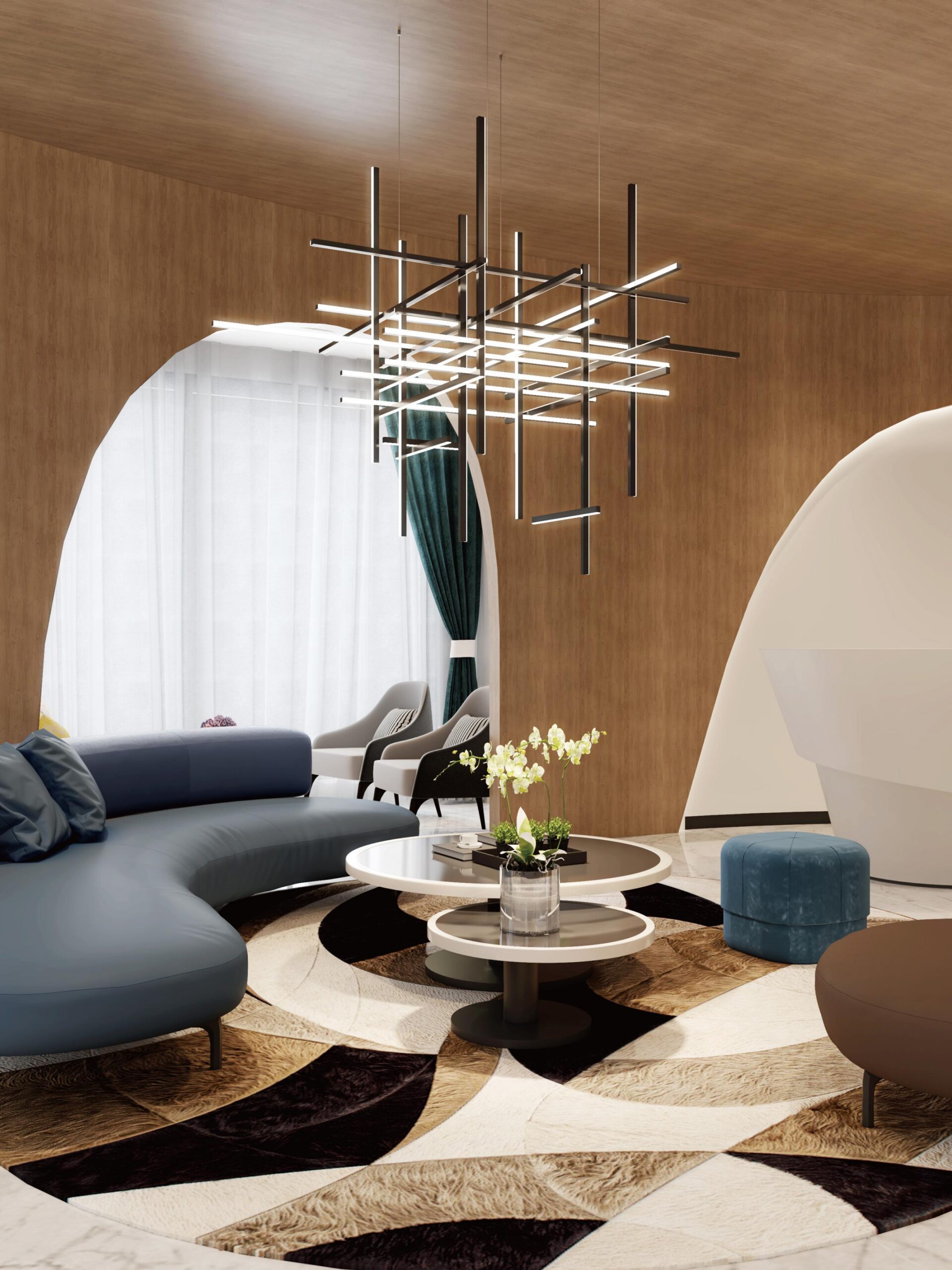 Modern black tubular pendant light in a stylish lounge.