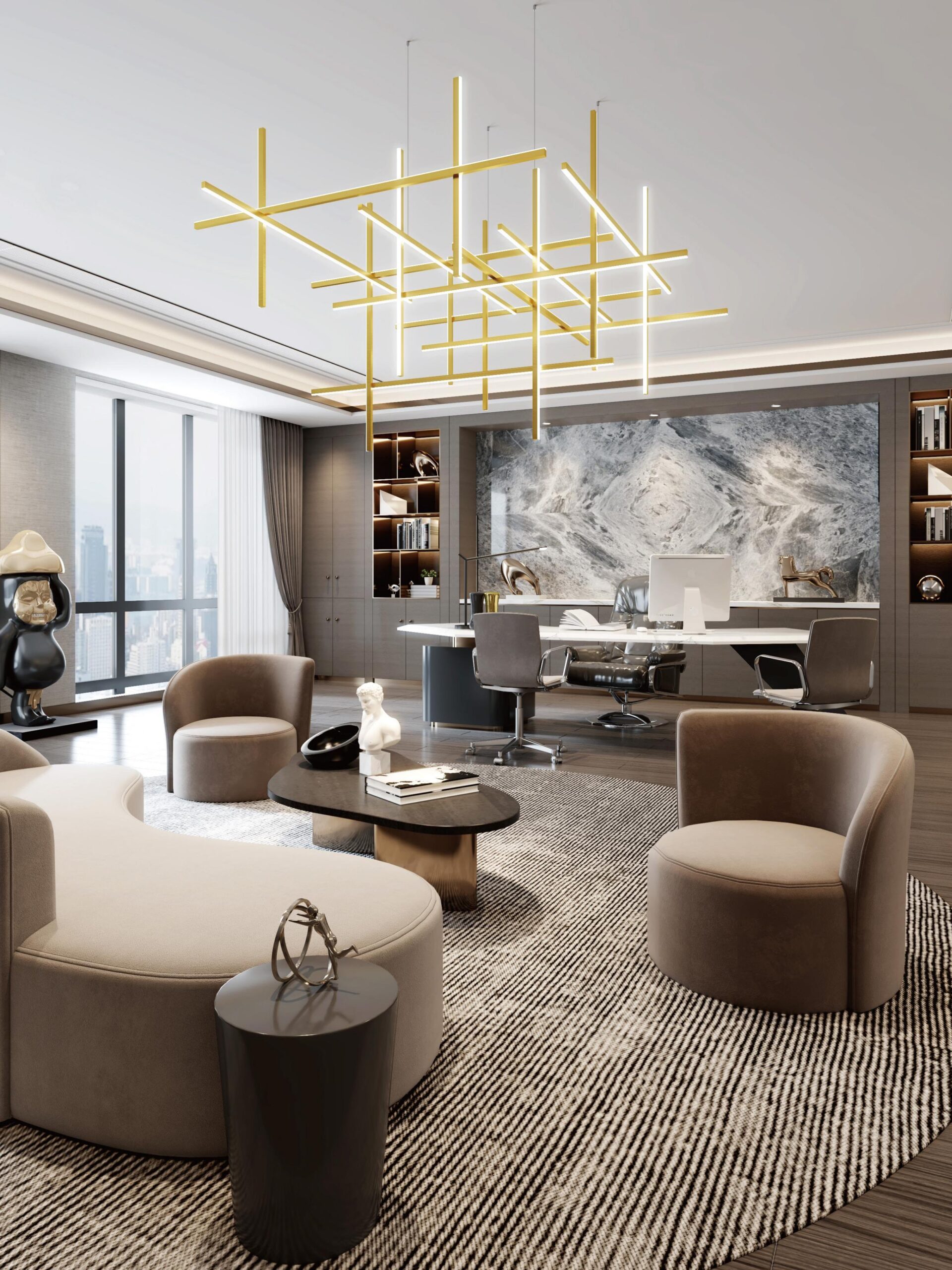 Gold architectural tubular pendant light in a modern executive office.