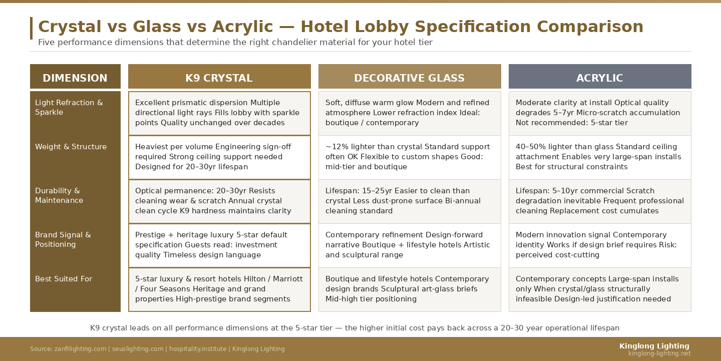 Crystal vs Glass vs Acrylic Chandelier Comparison for Hotel Lobbies — Kinglong Lighting