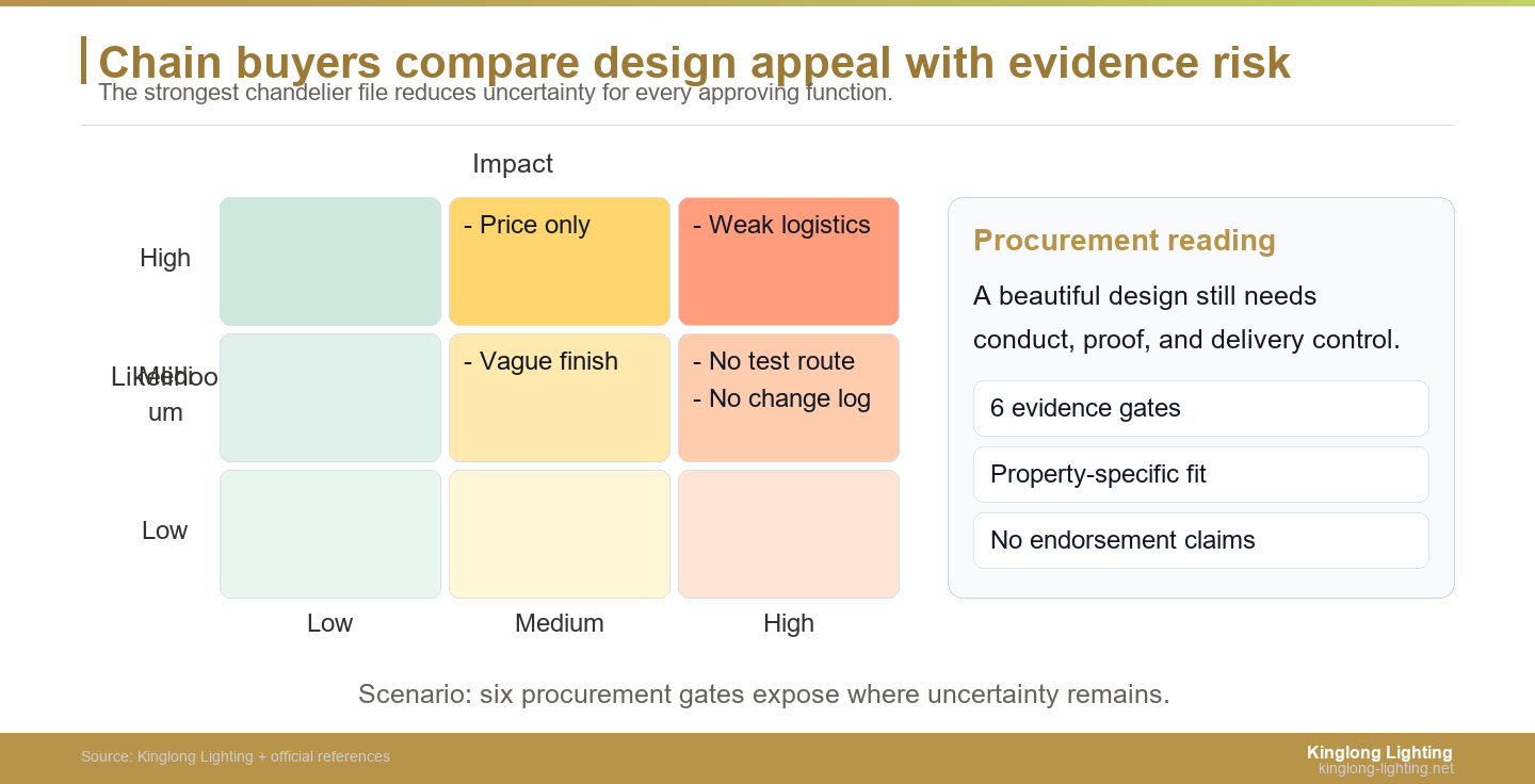 Hotel chain chandelier procurement risk map across design and supplier evidence gates