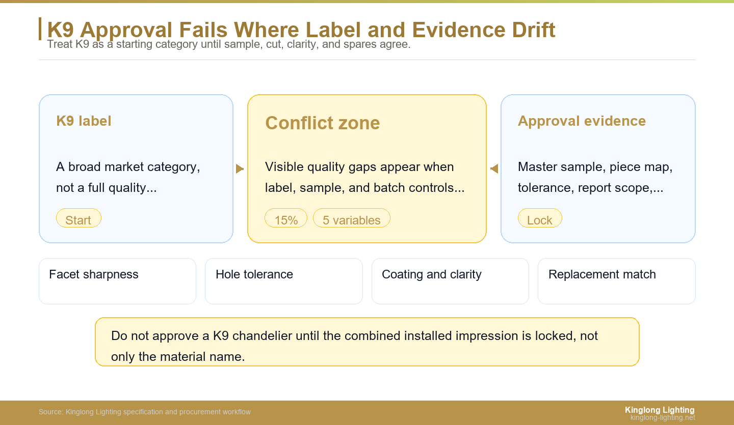 K9 Approval Fails Where Label and Evidence Drift K9 crystal evidence conflict zone showing label, sample, and replacement controls