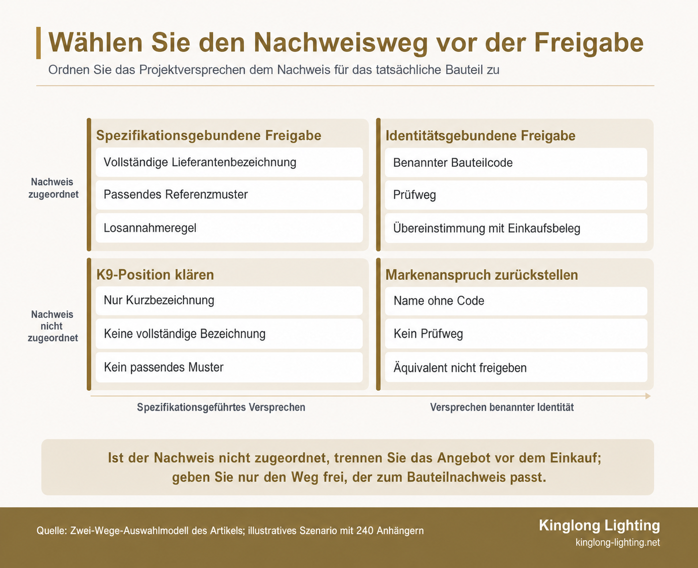Vierquadrantenkarte, die zeigt, wann Kristalloptionen für Kronleuchter einen Identitätsnachweis, einen Spezifikationsnachweis, eine Klärung oder einen Freigabestopp erfordern