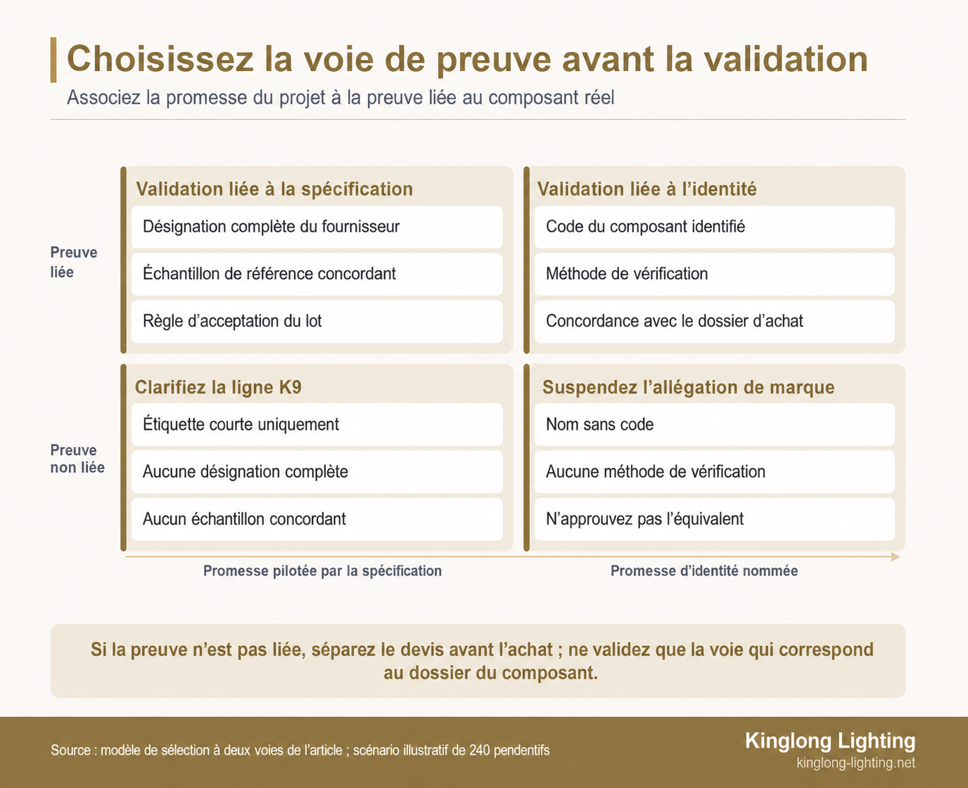 Carte à quatre quadrants montrant quand des choix de cristal pour lustre exigent une preuve d’identité, une preuve de spécification, une clarification ou une suspension de validation