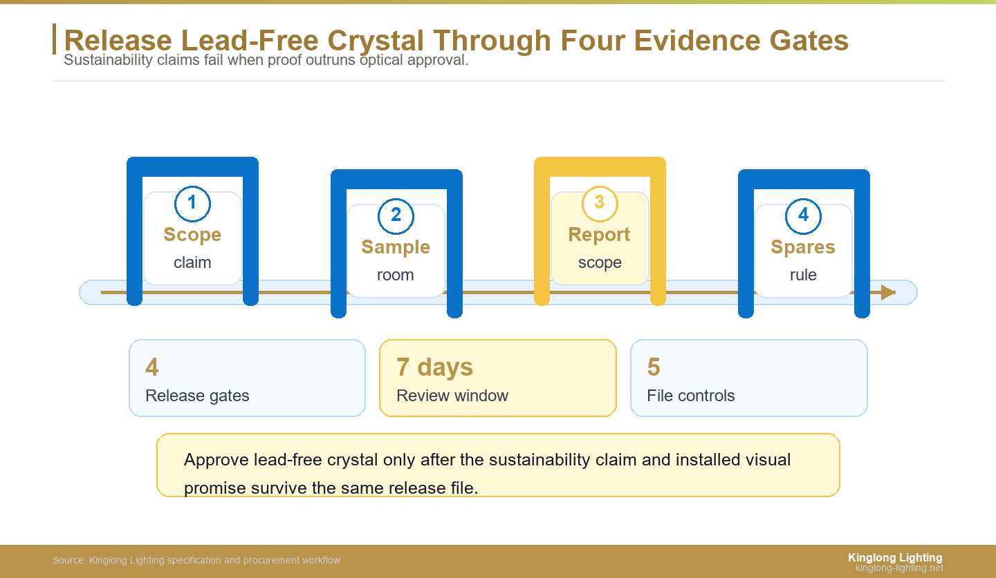 Release Lead-Free Crystal Through Four Evidence Gates Lead-free crystal evidence gate sequence for sustainability optical sample report and spare approval