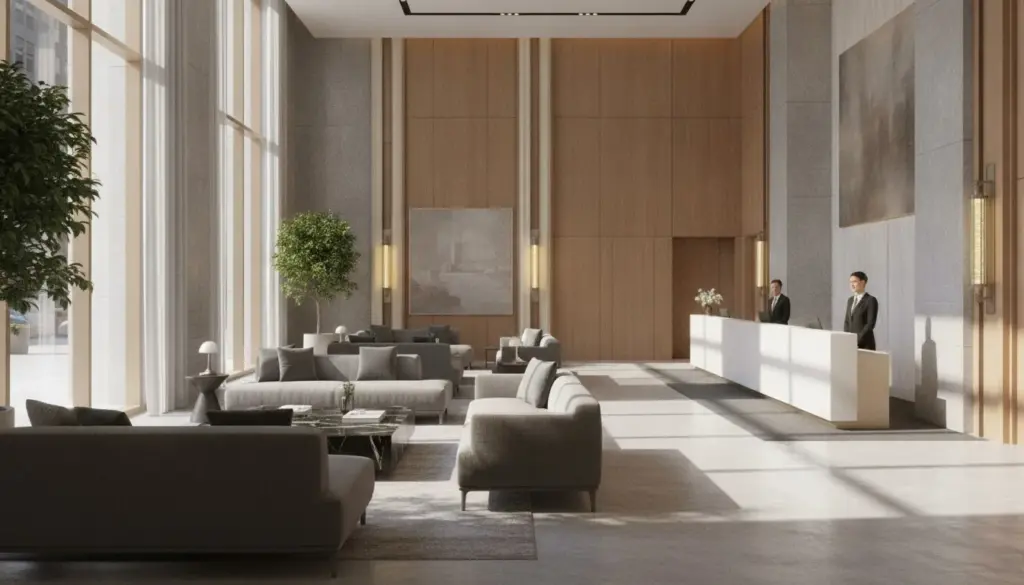 Hall contemporain et lumineux d’un hôtel haut de gamme