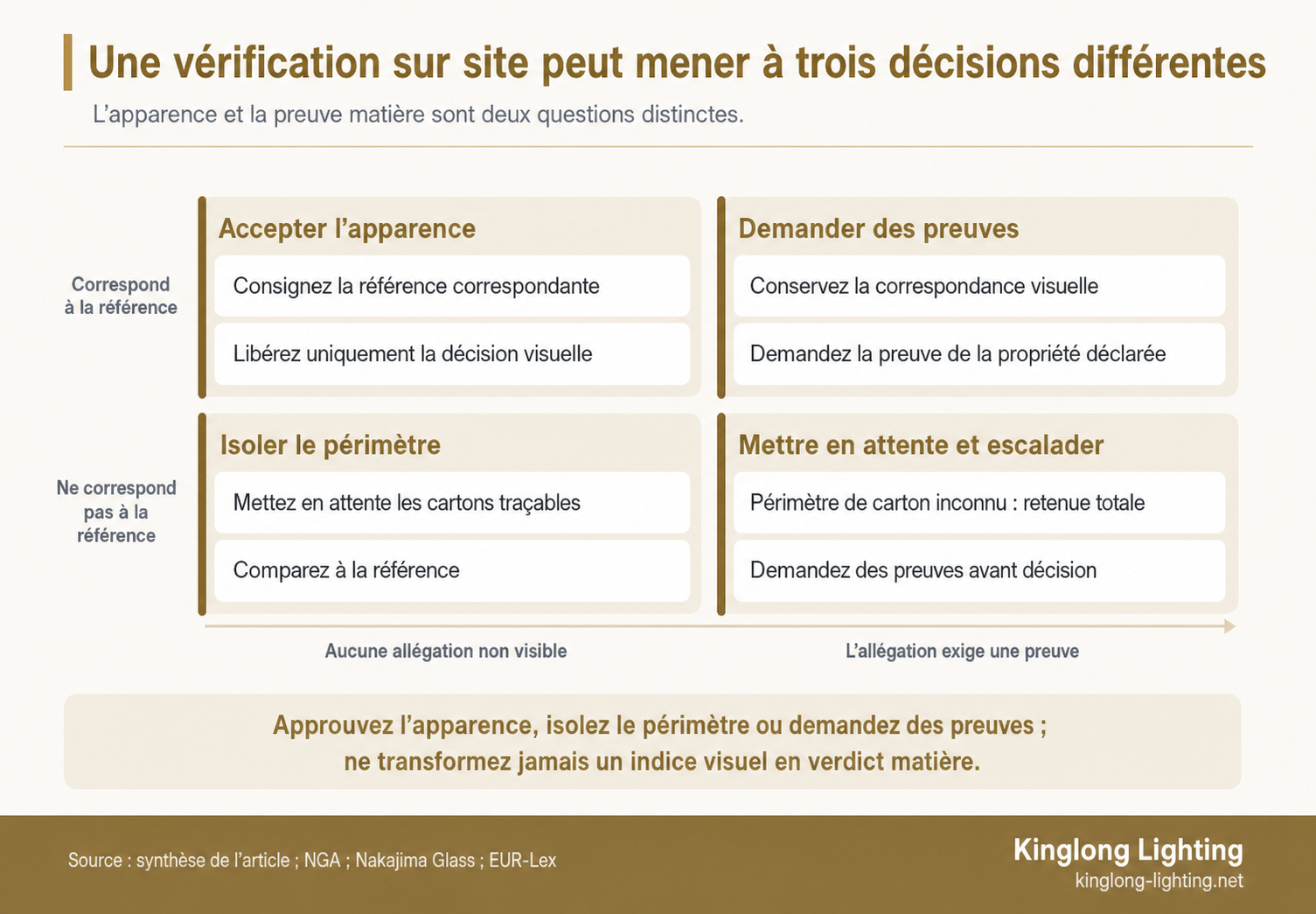 Matrice à quatre quadrants reliant la correspondance à la référence visuelle et les allégations matière non visibles à l’acceptation d’apparence, l’isolement des cartons ou une demande de preuves