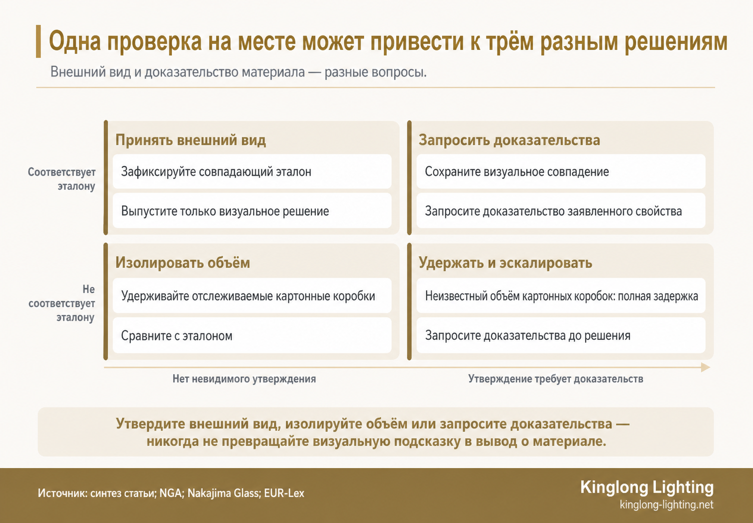 Матрица из четырёх квадрантов, связывающая совпадение с визуальным эталоном и невидимые утверждения о материале с утверждением внешнего вида, изоляцией коробок или запросом доказательств