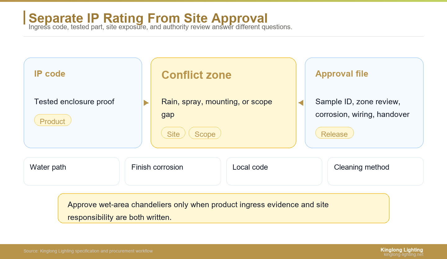 IP rating conflict zone for wet-area chandelier product ingress evidence site exposure and authority approval