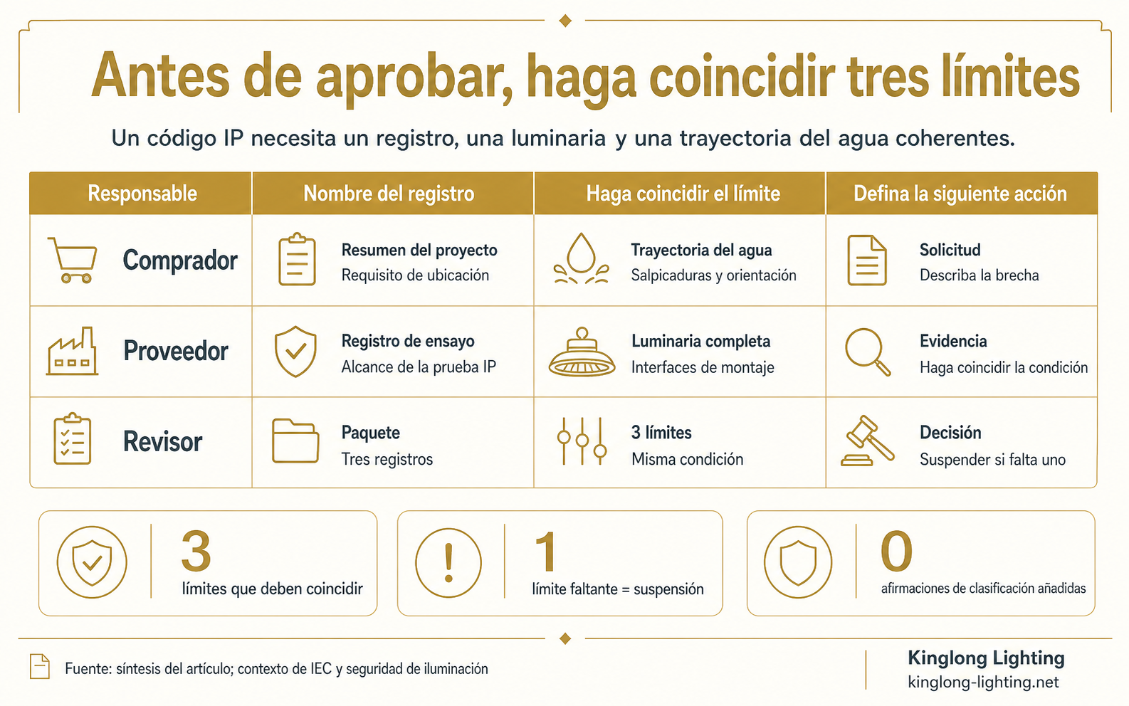 Diagrama de tres límites que compara el registro IP, la luminaria completa y la trayectoria del agua antes de la aprobación