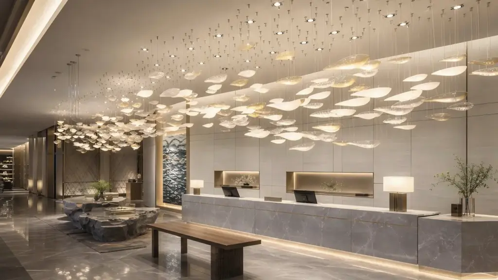 Leaf-shaped decorative pendant lights above a stone reception counter.