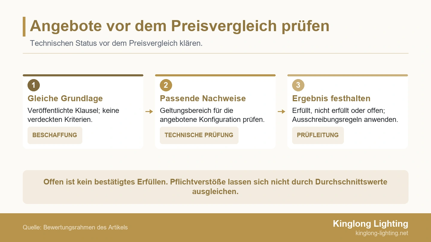 Drei Prüfschritte: gemeinsame Grundlage, passende Nachweise und dokumentiertes Ergebnis vor dem Preisvergleich.