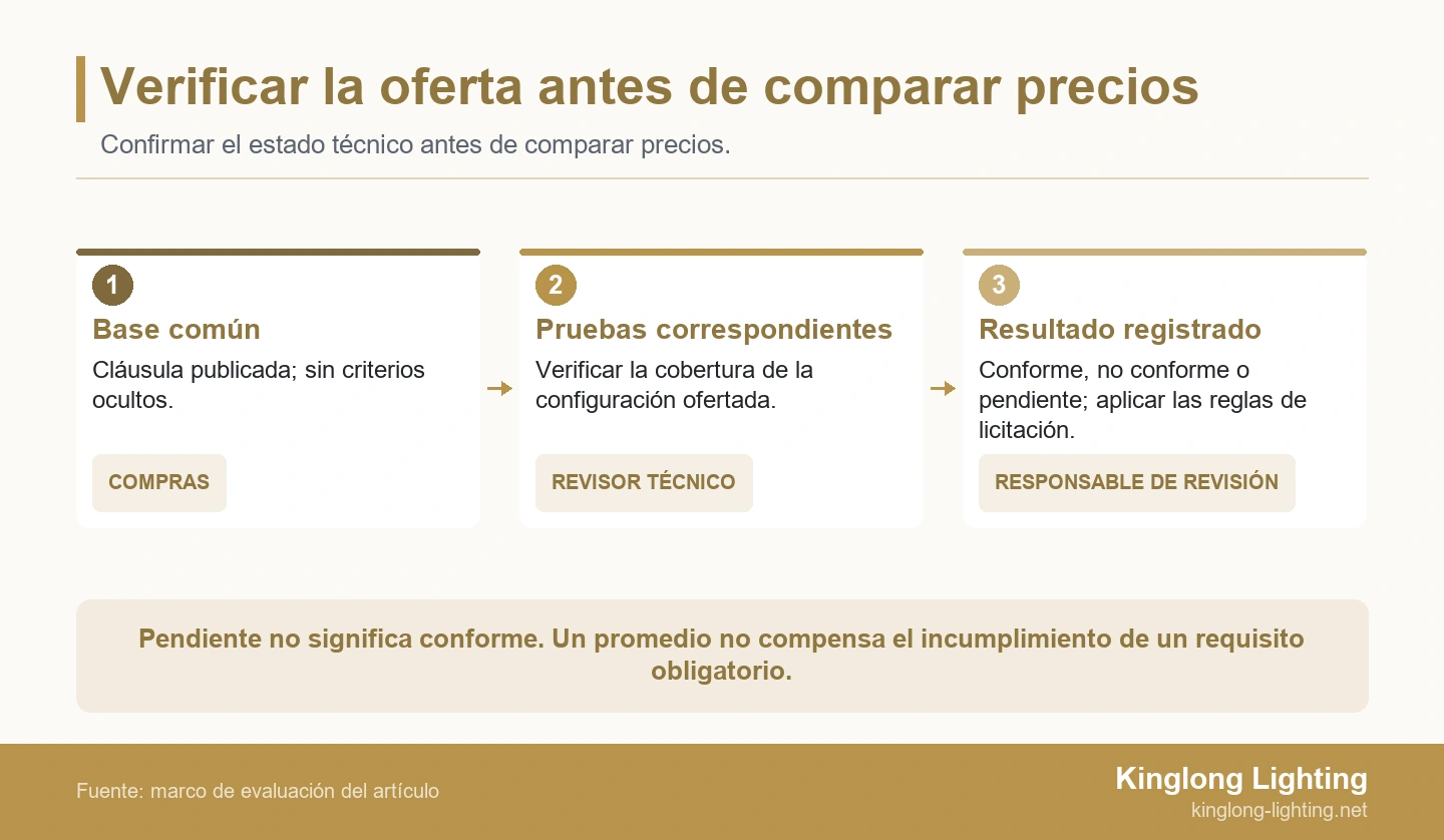 Tres pasos de revisión: base común, pruebas correspondientes y resultado documentado antes de comparar precios.