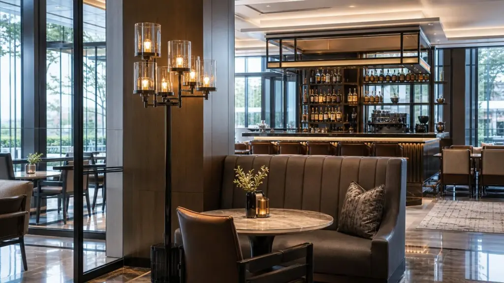 Multi-arm glass-shade wall lighting beside a booth in an elegant hotel bar and lounge.