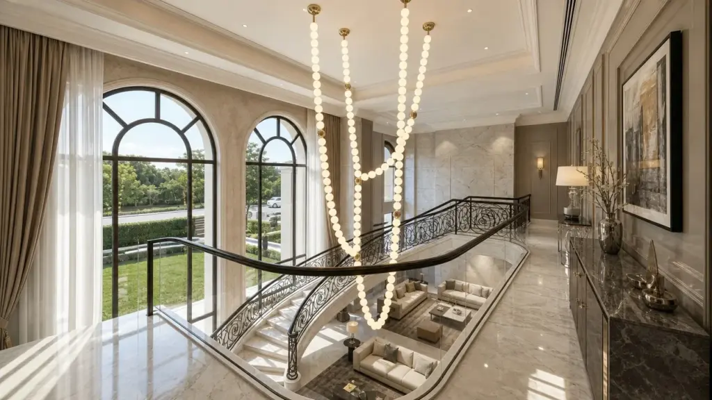 Decorative pendant lighting in a contemporary hospitality interior