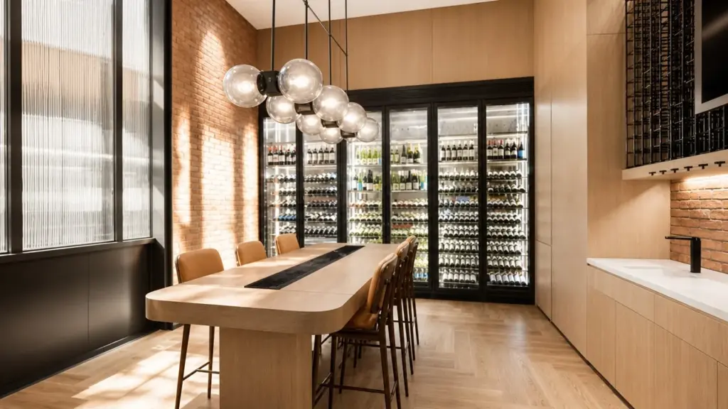 Decorative pendant lighting in a contemporary hospitality interior