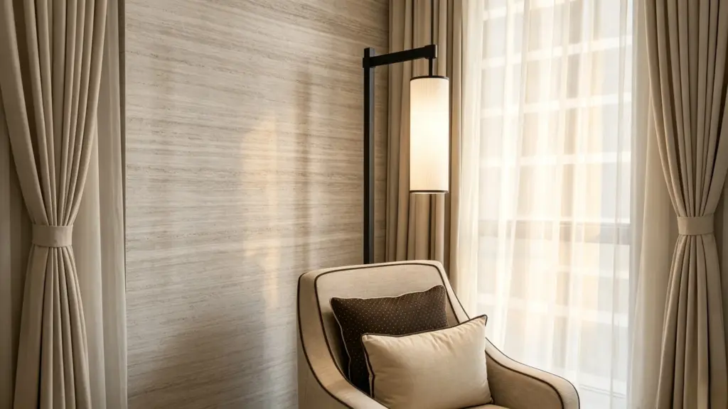 Decorative wall light beside an upholstered chair and curtains in a warm hotel-style interior.