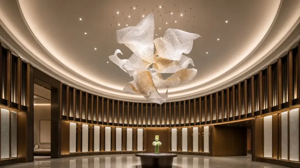 Large sculptural chandelier suspended beneath a circular ceiling in a warm interior
