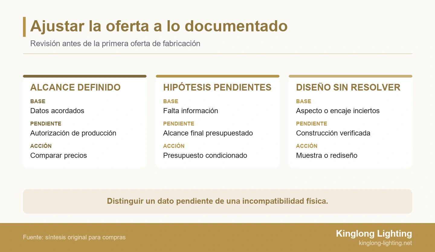 Ajustar la oferta a lo documentado Tres estados de oferta comparan los datos definidos, las hipótesis pendientes y las restricciones de diseño sin resolver