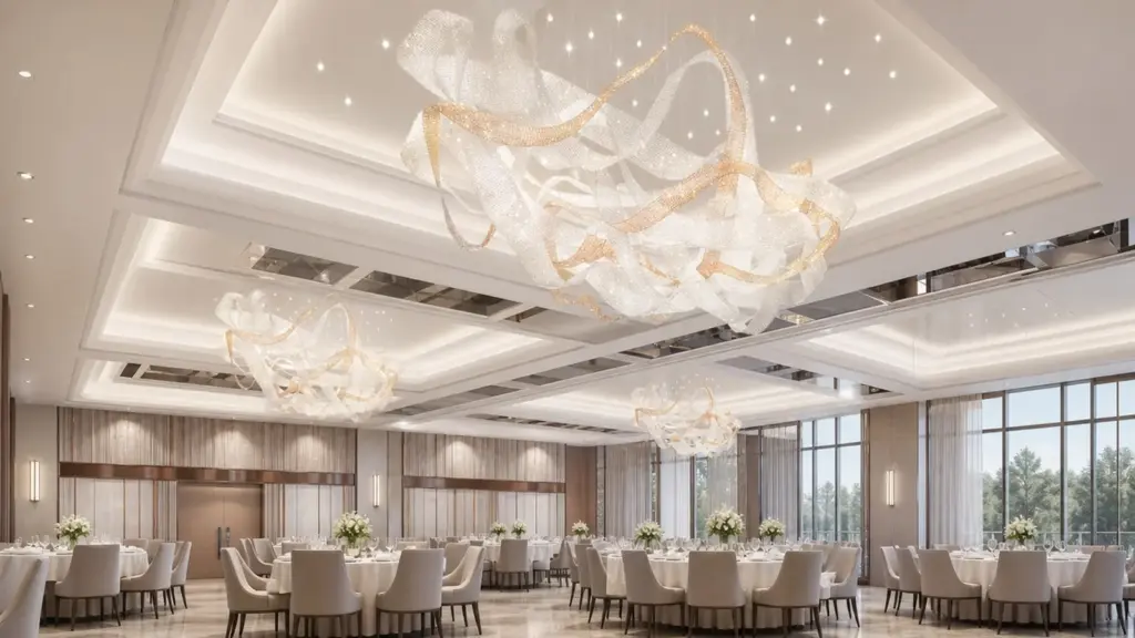 Related flowing glass chandeliers with gold accents above a hotel-style banquet space