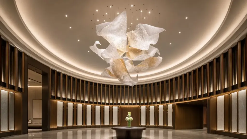 Sculptural illuminated panels suspended at multiple points beneath a circular hospitality ceiling