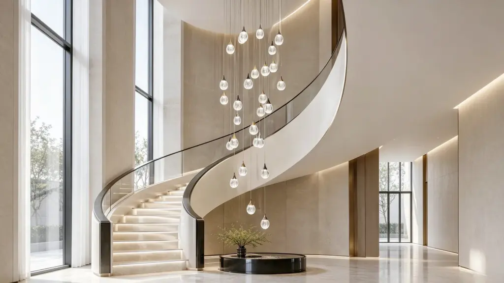 Cascading glass pendants with varied suspension lengths beside a curved luxury staircase