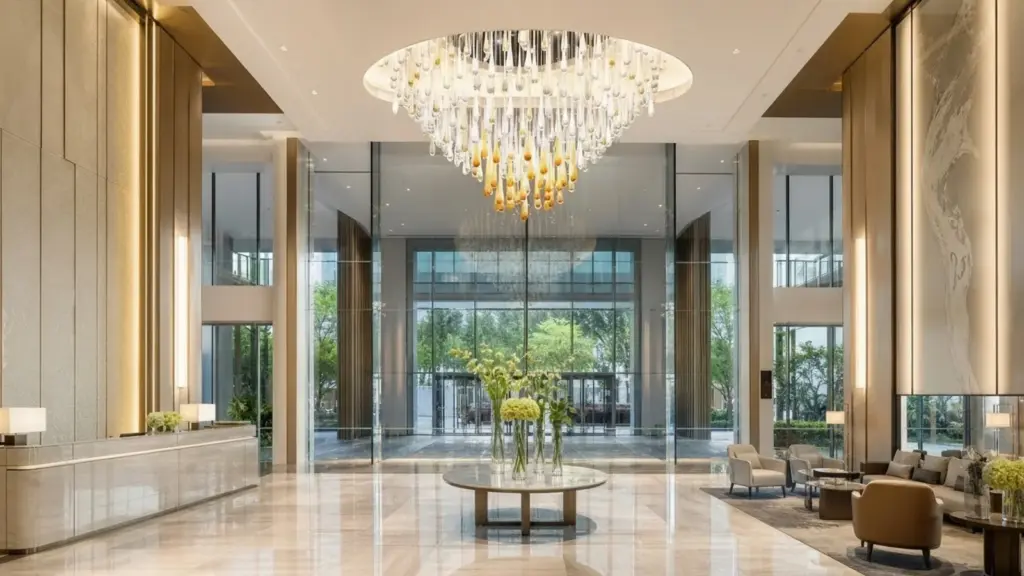 Sculptural glass chandelier suspended within a tall lobby, showing fixture proportions, layered glass and surrounding finishes