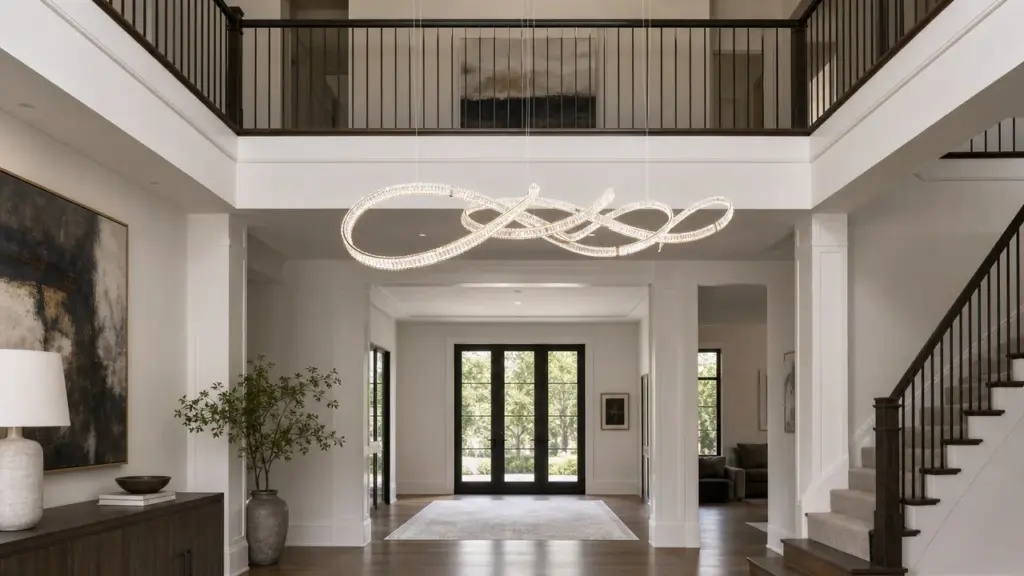 Sculptural looping pendant suspended in a double-height interior, showing the fixture shape and its relationship to the room