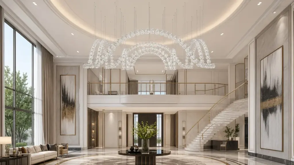 Coordinated crystal lighting installation across a double-height furnished interior