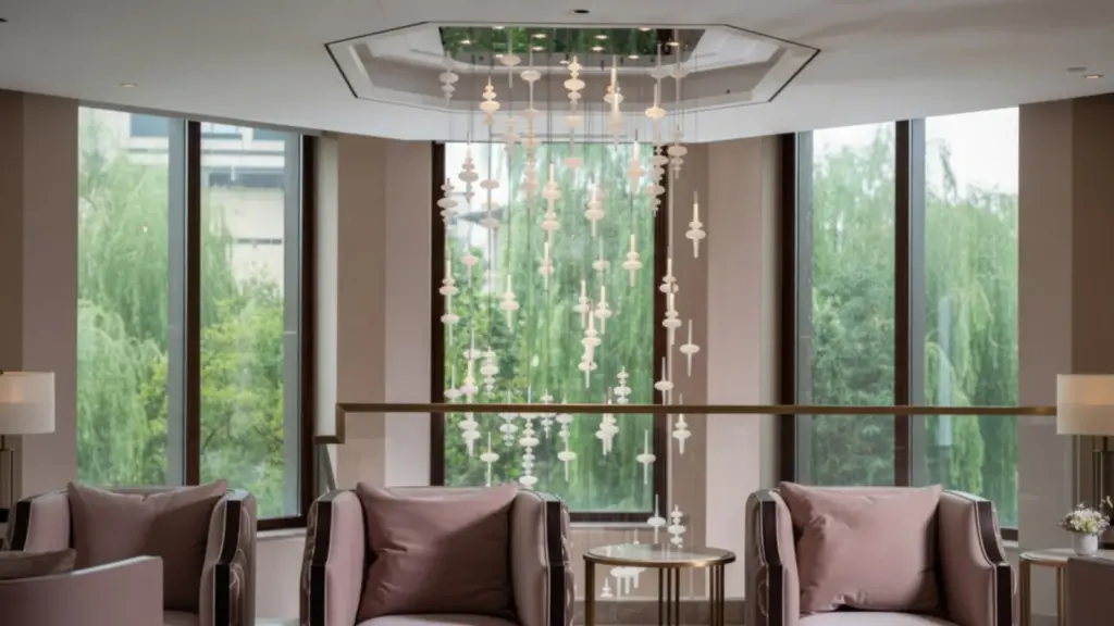 Customer-supplied interior illustration with a suspended feature installation and paired lamps beside lounge seating