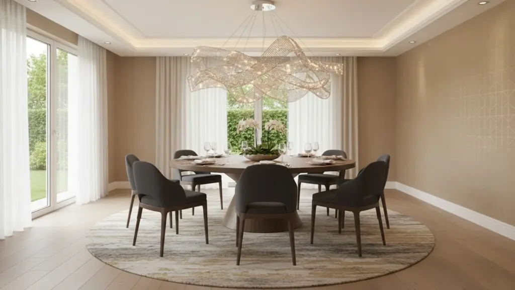 Customer-supplied interior illustration of a sculptural looped chandelier over a dining table