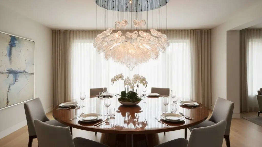 Customer-supplied interior illustration with a suspended glass chandelier over a round dining table