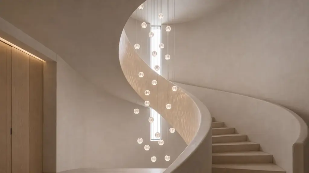 Customer-provided interior illustration of small glass pendants suspended through a curved stairwell