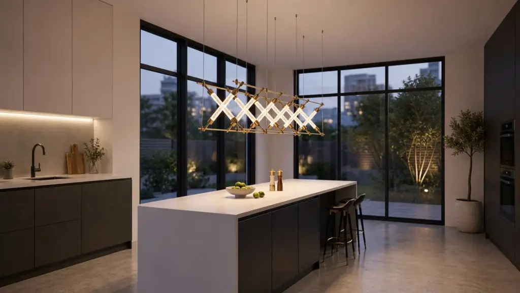 Customer-provided illustration of a geometric illuminated chandelier above a kitchen island
