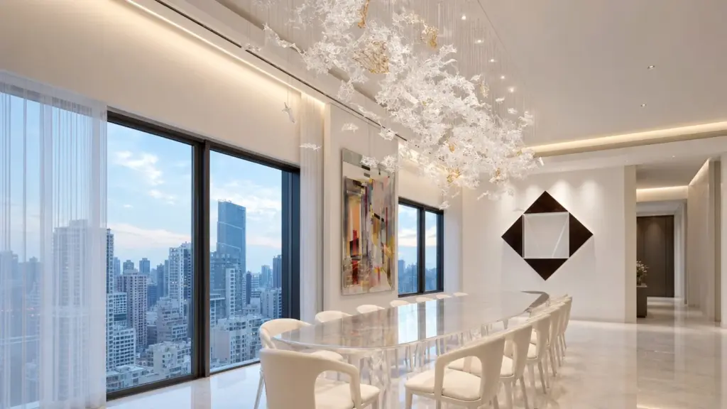 Customer-provided illustration of a suspended decorative installation with clear leaf-shaped elements above a dining table