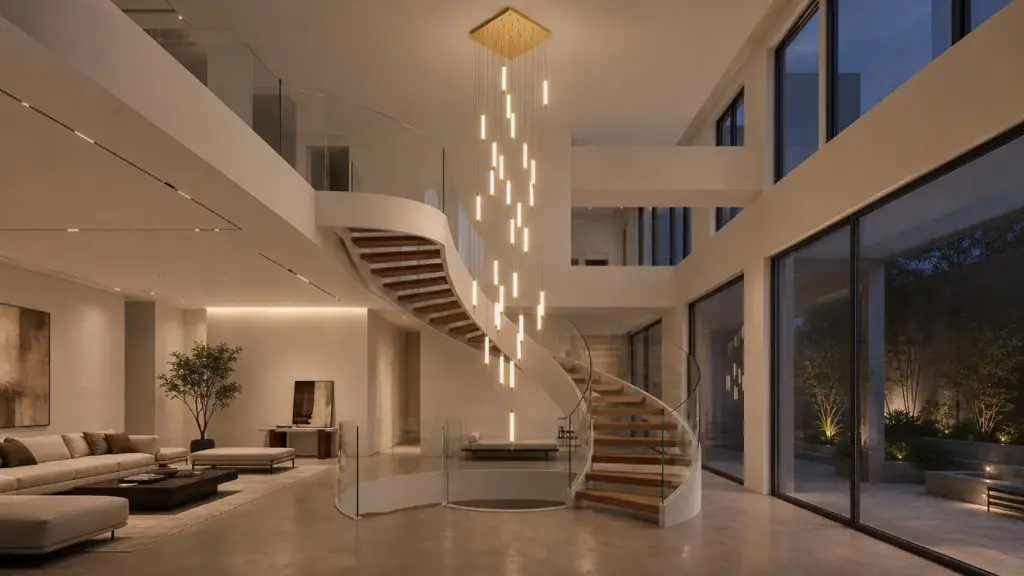 Customer-provided image of a tall multi-pendant decorative light beside a curved staircase in a double-height interior.