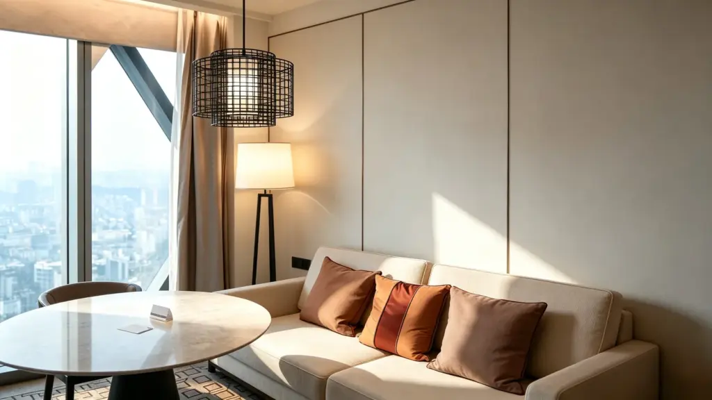 Customer-provided image of a black cage pendant and a floor lamp beside a sofa and round table in a furnished interior.