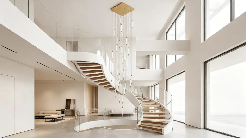 Customer-provided image of cascading slim pendants in a double-height interior beside a curved stair and adjacent seating area.