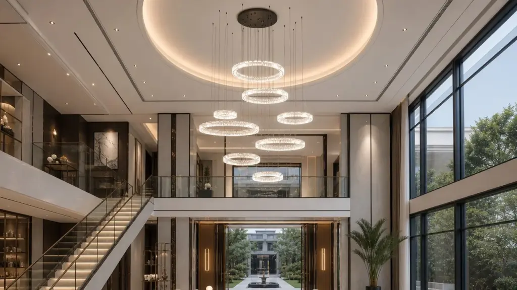 Customer-provided image of a tall entrance with cascading ring pendants, a staircase and restrained vertical wall lights.