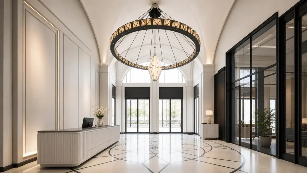 Customer-provided interior image with a large ring fixture, a faceted pendant, pale arches and dark-framed partitions.