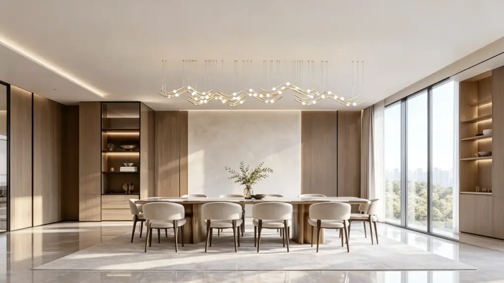 Customer-provided interior image showing a suspended decorative fixture above a long dining arrangement, with cabinetry and an adjoining passage.