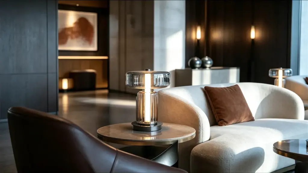 Customer-provided furnished interior with a ribbed glass table lamp, wall lights and coordinated furniture.