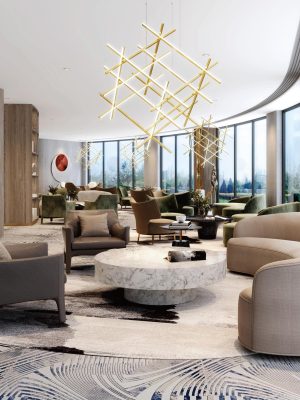 Gold geometric tubular chandelier for open spaces